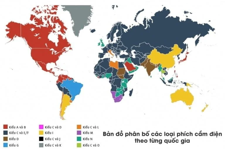 bản đồ phân bố các loại phích cắm điện theo từng quốc gia