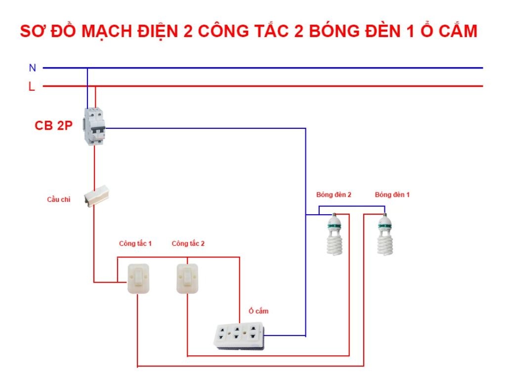 Sơ đồ mạch Điện Cầu Thang 2 Công Tắc 2 Bóng Đèn