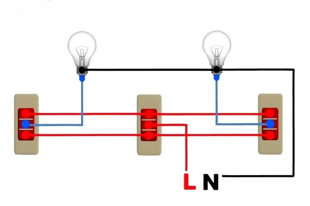 Sơ đồ mạch Điện Cầu Thang 3 Công Tắc 2 Bóng Đèn